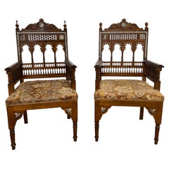 Antique Moorish Syrian Inlaid Arabesque Pair of Armchairs Circa 1900