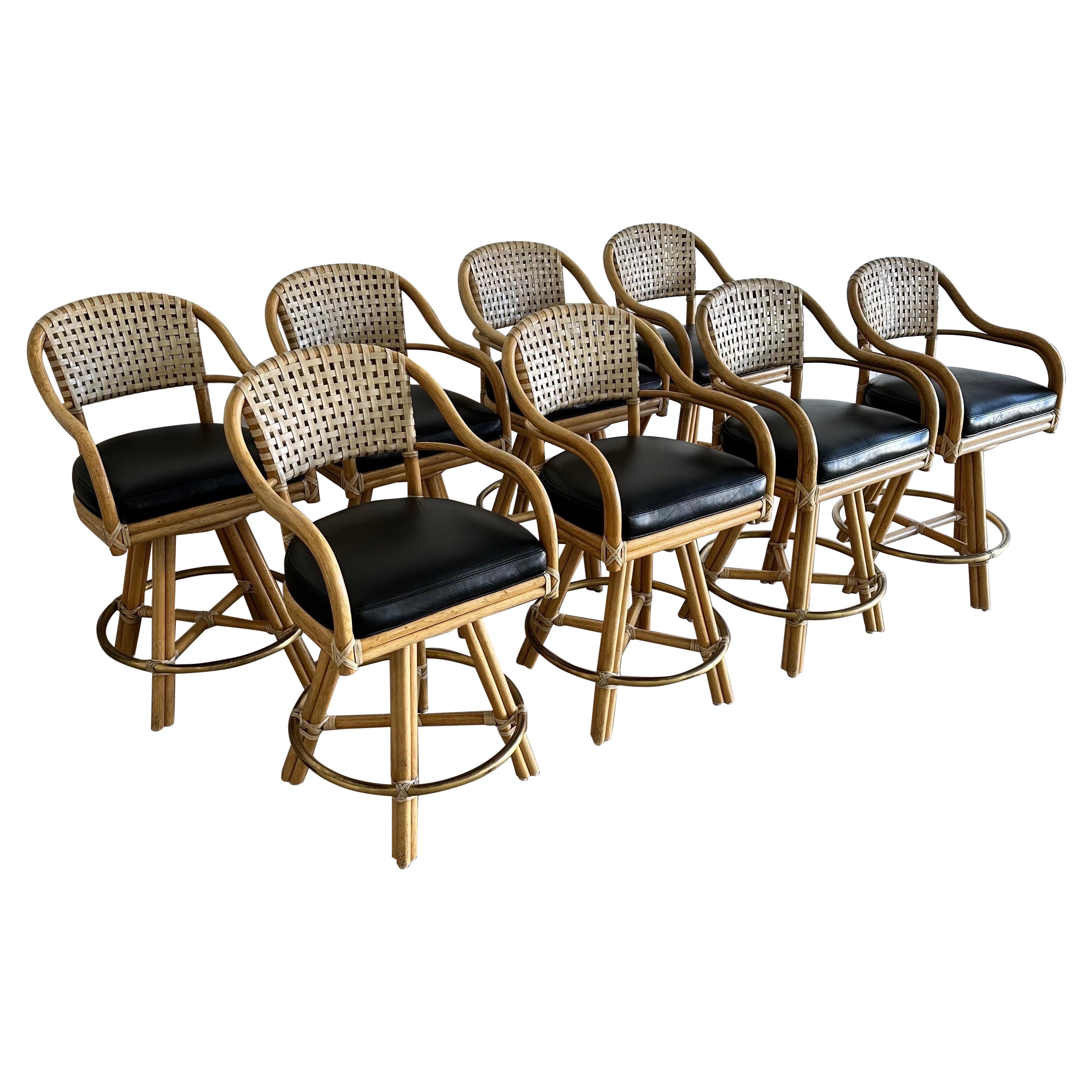 Set of Eight McGuire Swivel Rattan Bar Stools For Sale