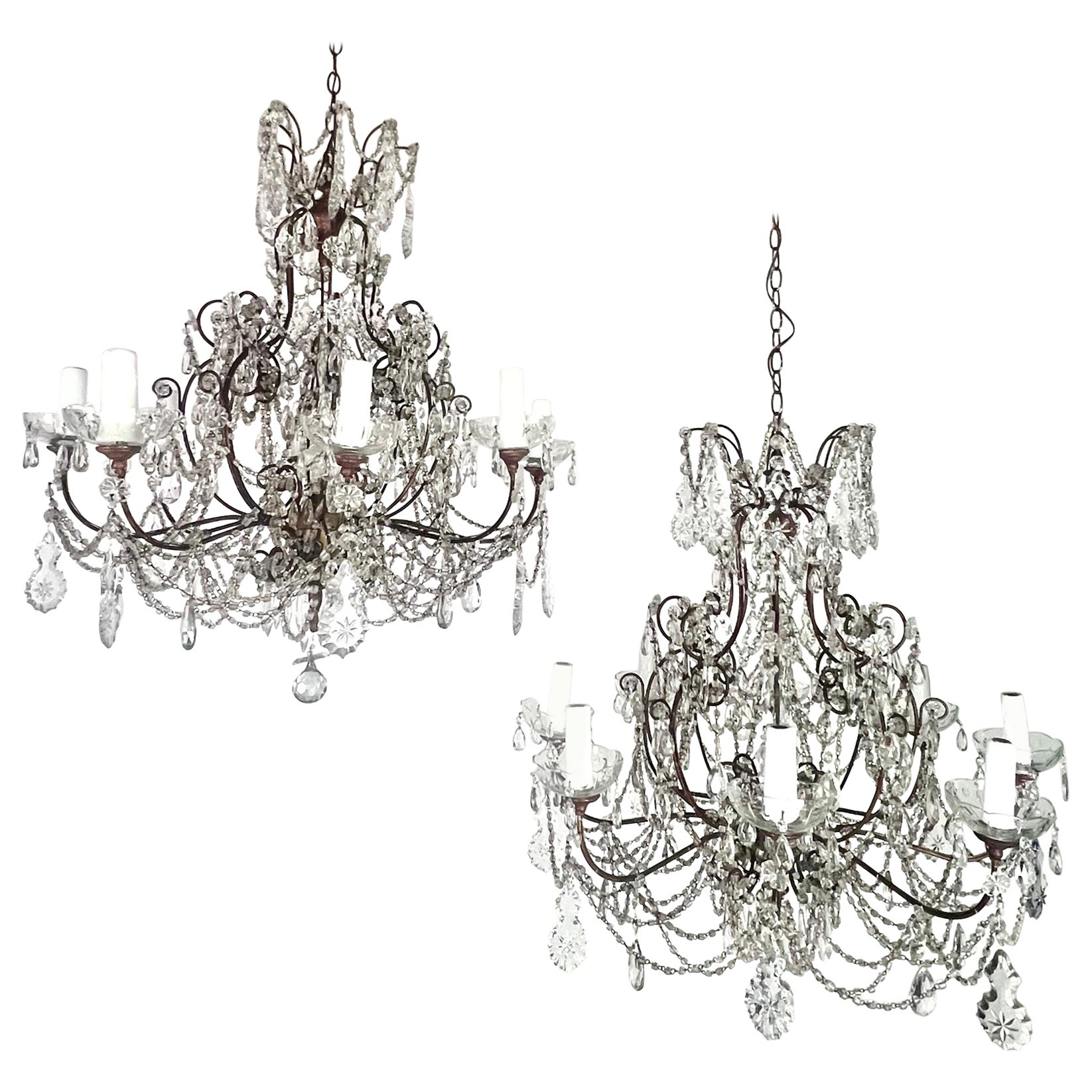 Pair of French Crystal & Beaded Chandeliers C. 1930's