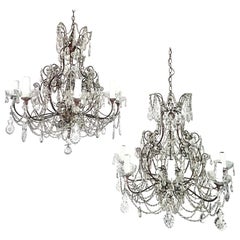 Pair of French Crystal & Beaded Chandeliers C. 1930's