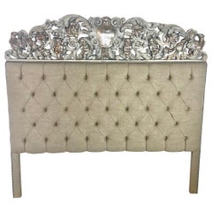 Used Painted & Silvered Carved Cherub Linen Headboard