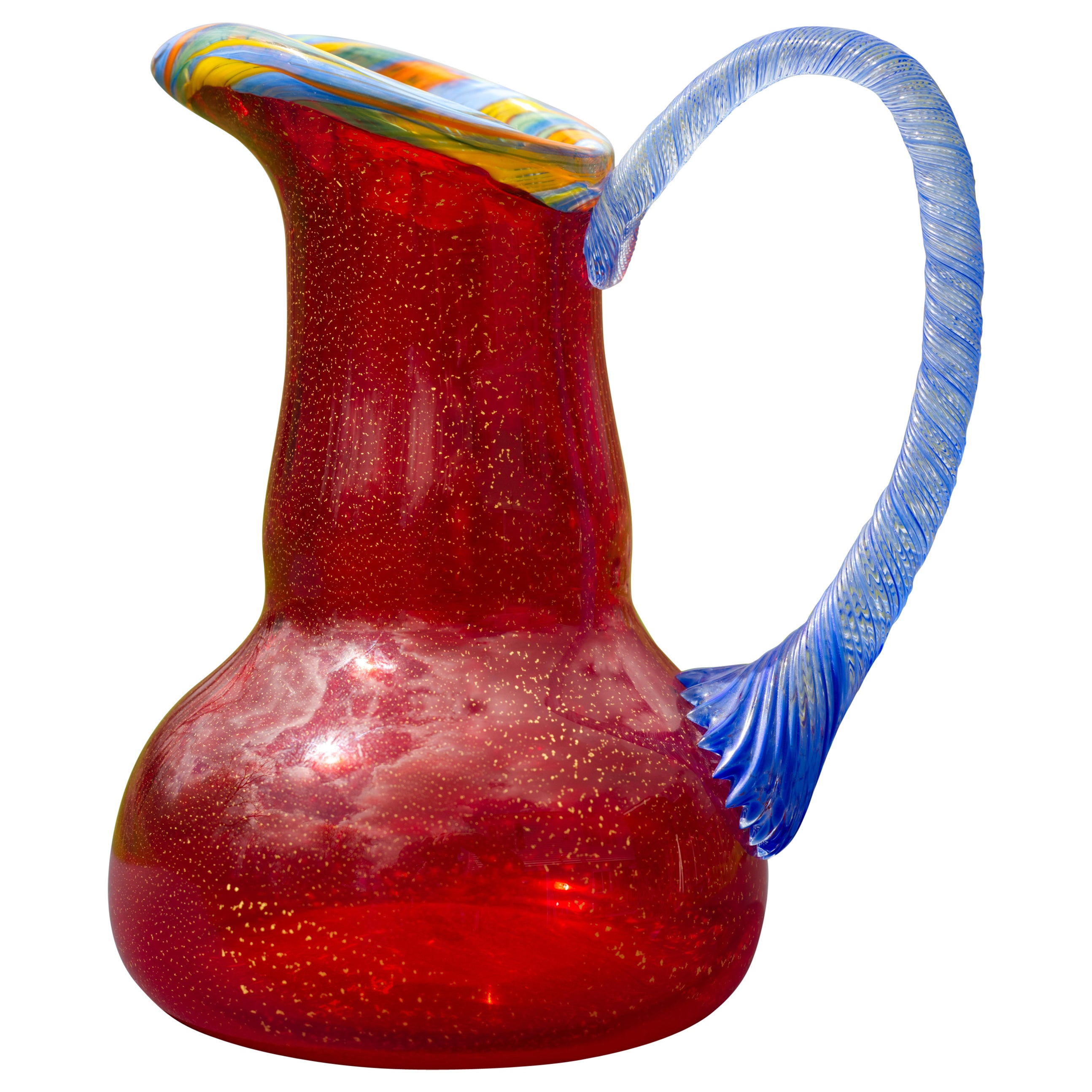 Peter Secrest Art Glass Vase Pitcher Red Gold Flakes Postmodern 2003 For Sale