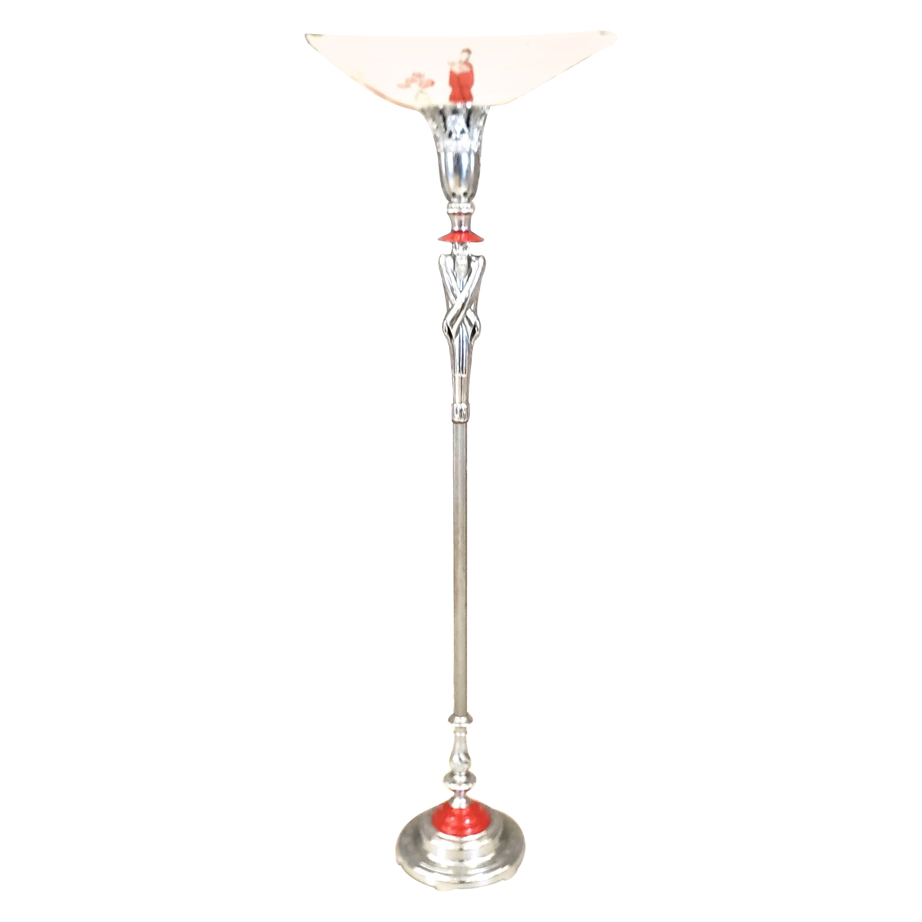 Antike Art-Déco-Stehlampe aus Chrom mit Fackeln im Chinoiserie-Stil, Chinoiserie-Stil im Angebot