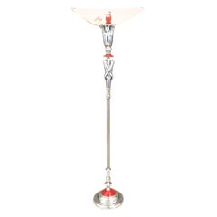 Antike Art-Déco-Stehlampe aus Chrom mit Fackeln im Chinoiserie-Stil, Chinoiserie-Stil