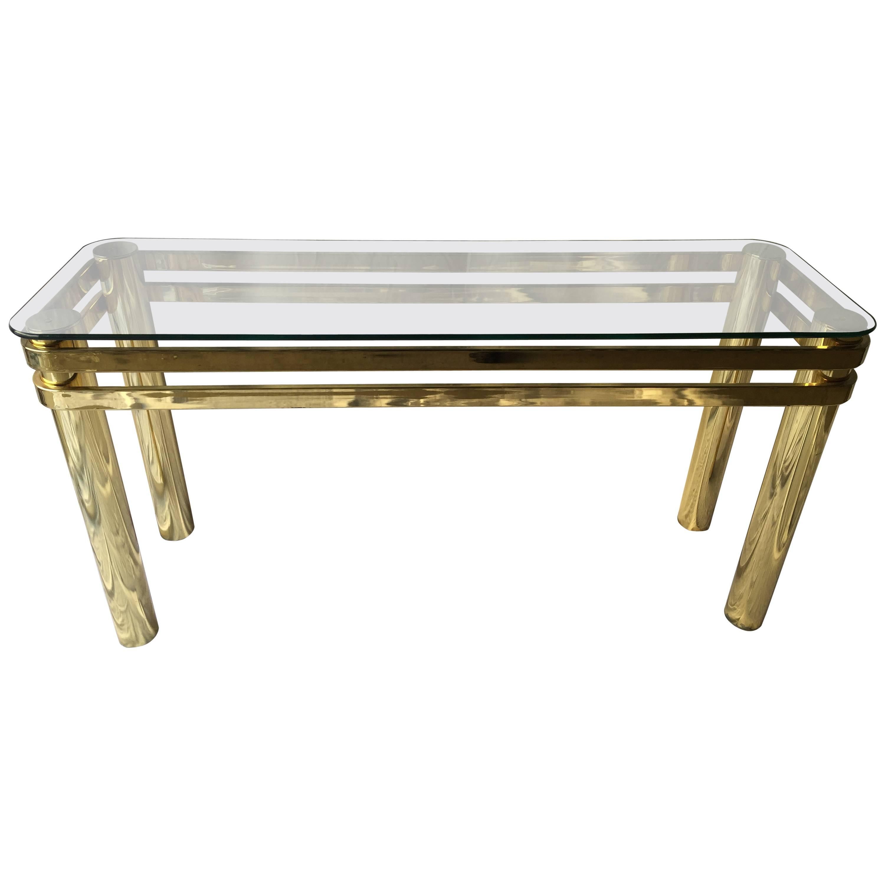 Vintage Pace Style Brass Console Table with Tubular Legs and Banded Design