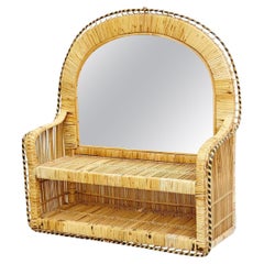 Vintage Mid-Century Modern Wall Mirror with Shelve Handcrafted in Rattan, circa 1960