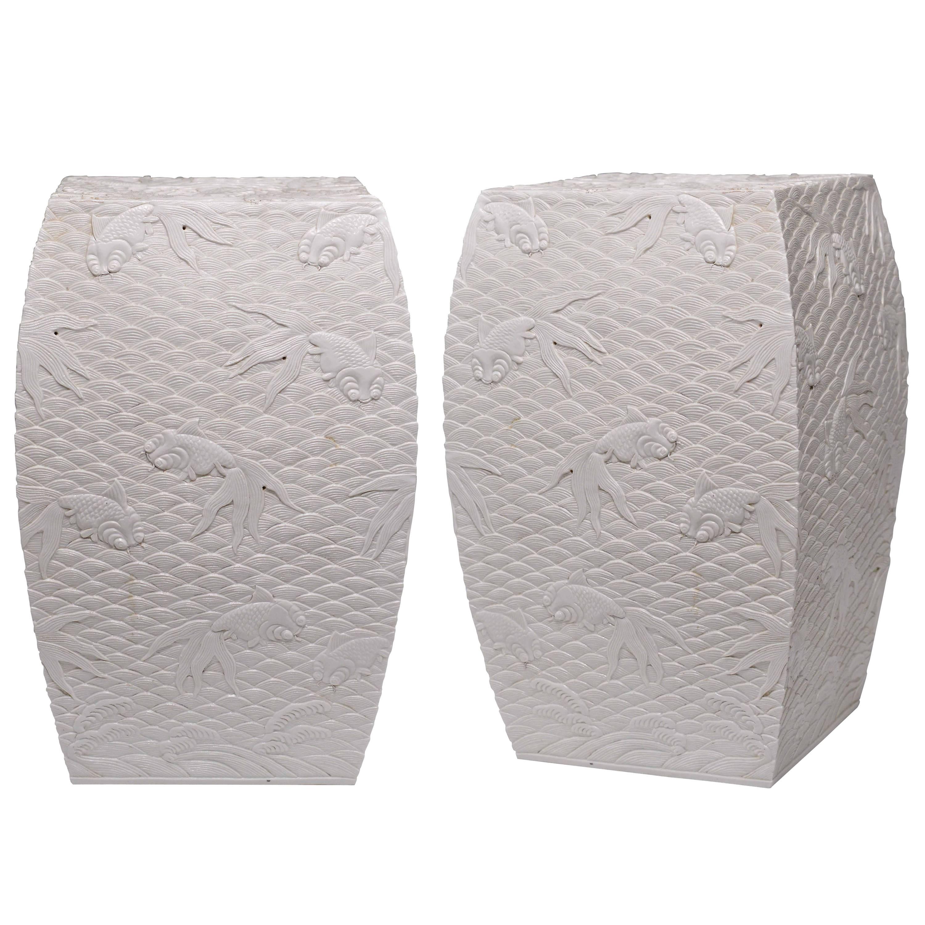 Pair of Carved Sofe White Porcelain Stools For Sale