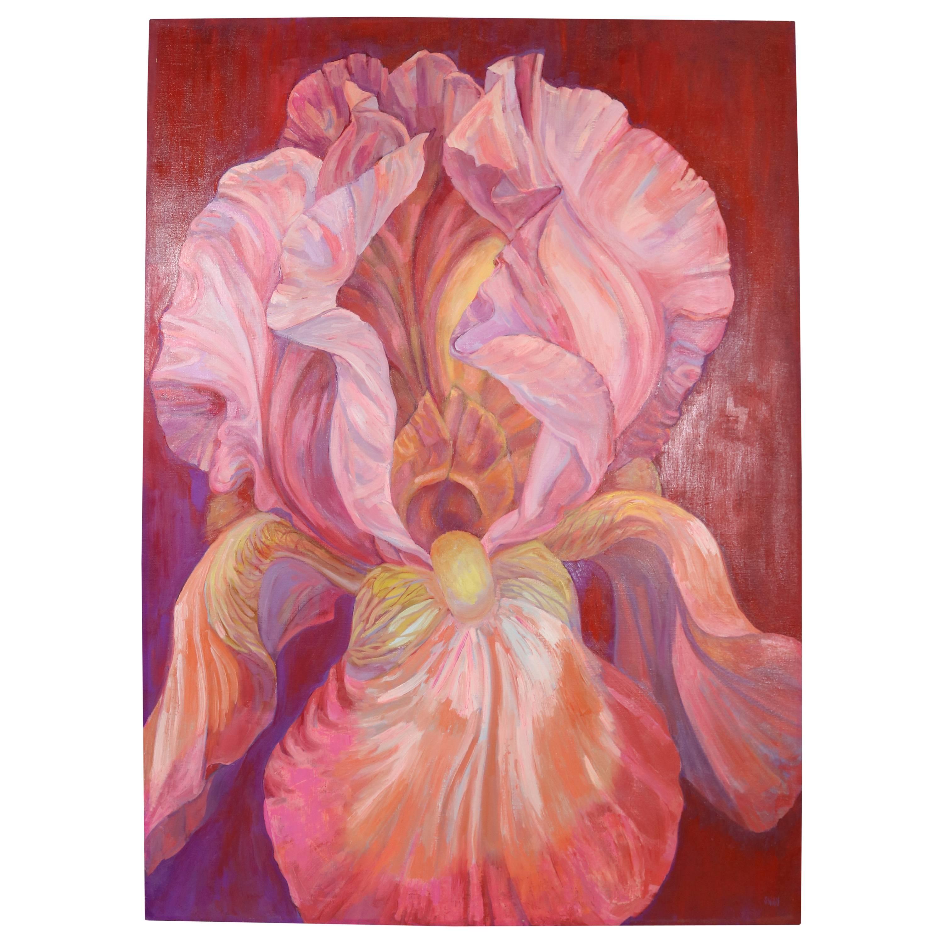 1972 "Pink Iris" Oil on Canvas by Noted Boston Artist Barbara Swan, (1922-2003) For Sale