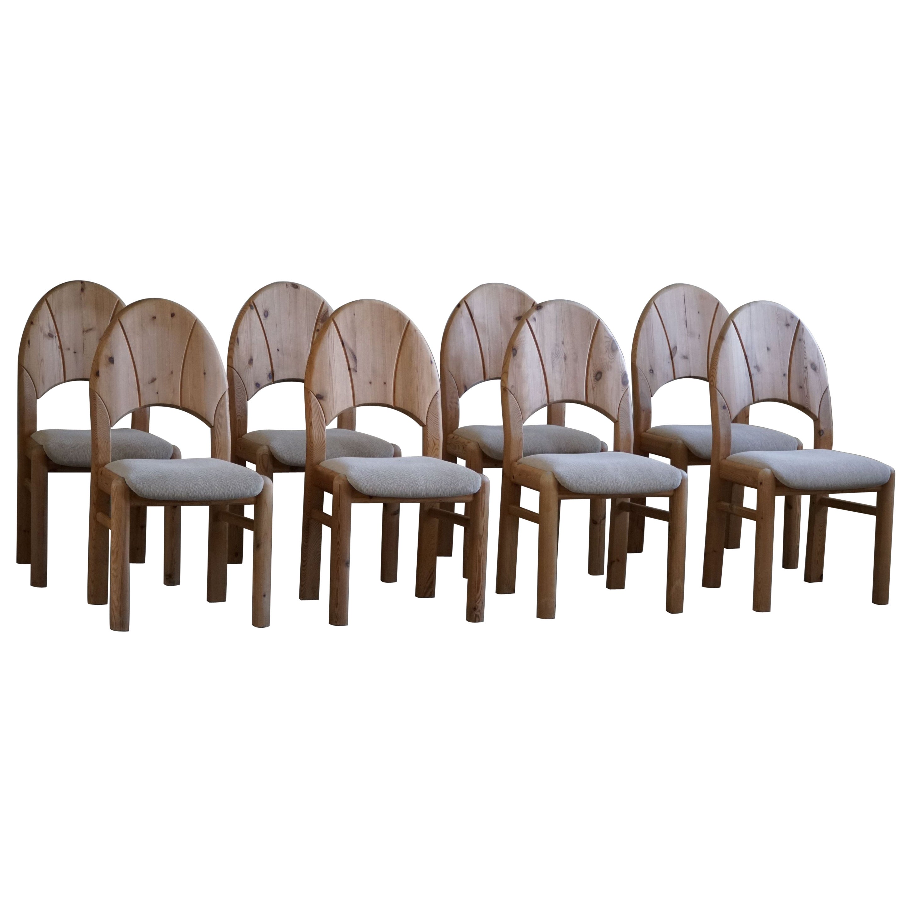Ensemble de 8 chaises sculpturales brutalistes danoises modernes en pin et laine, 1970