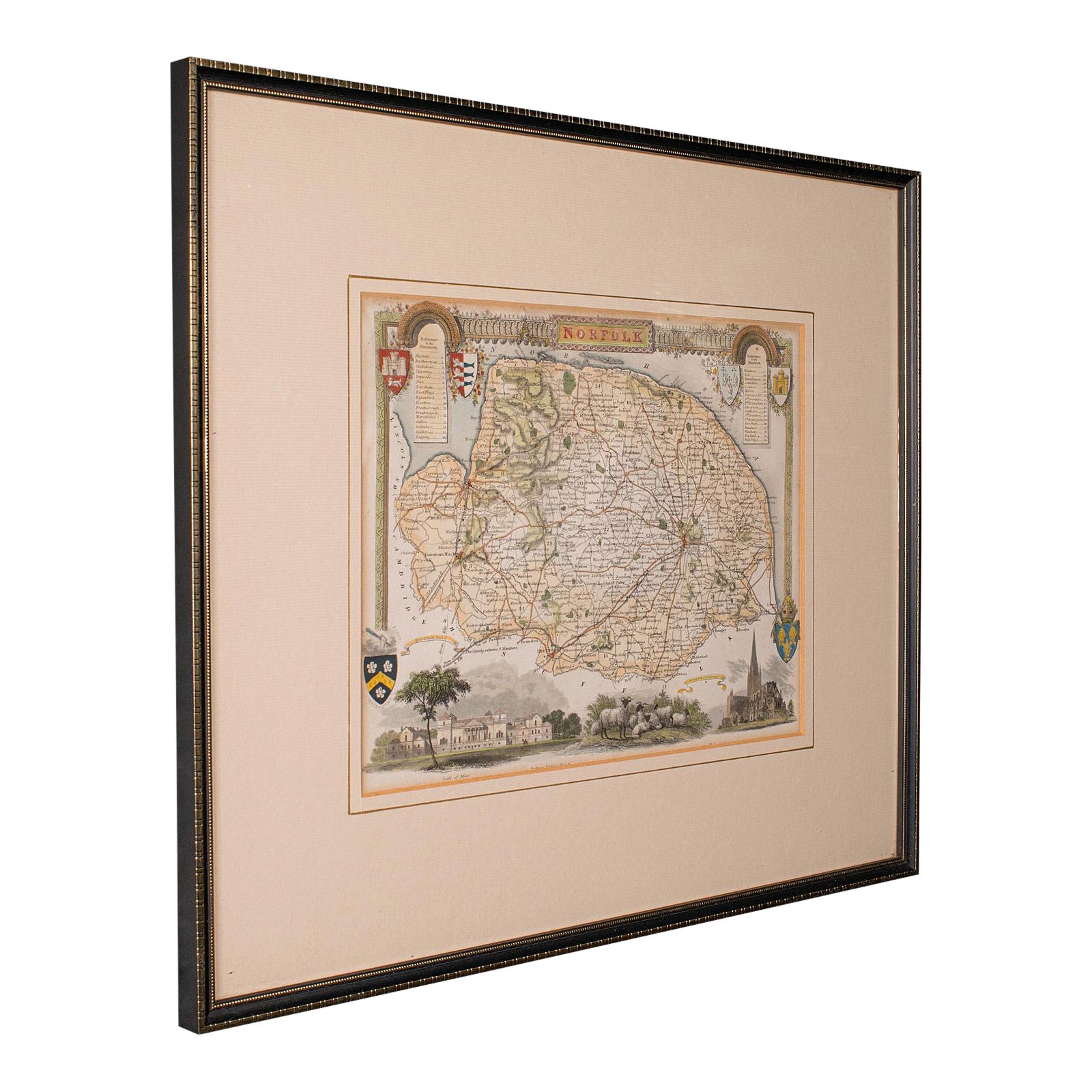 Carte ancienne du County, Norfolk, anglaise, lithographie encadrée, cartographie, victorienne en vente