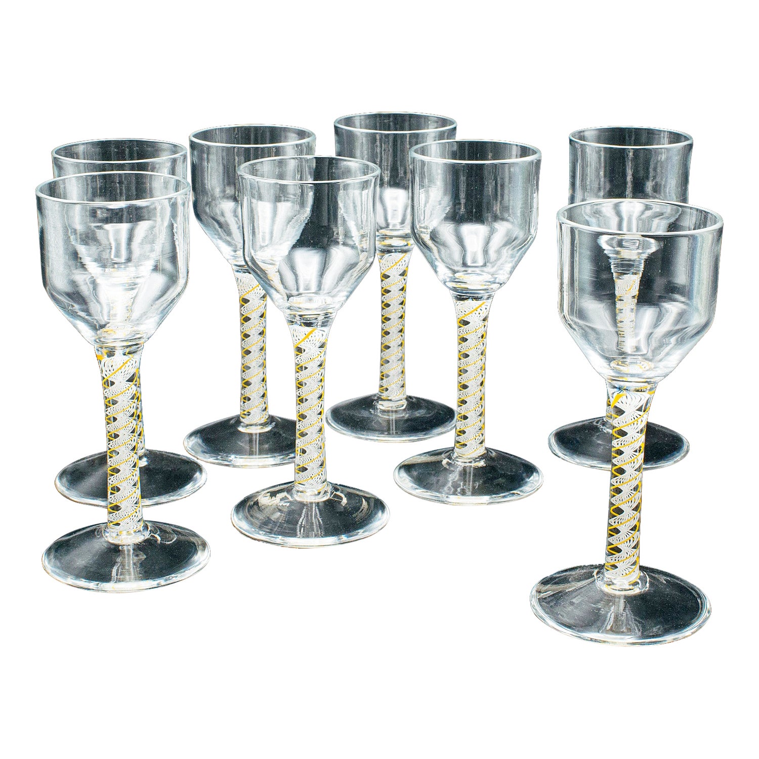 Set of 8 Vintage Aperitif Glasses, English, Twist Stem, Spirits, Wine Glass For Sale