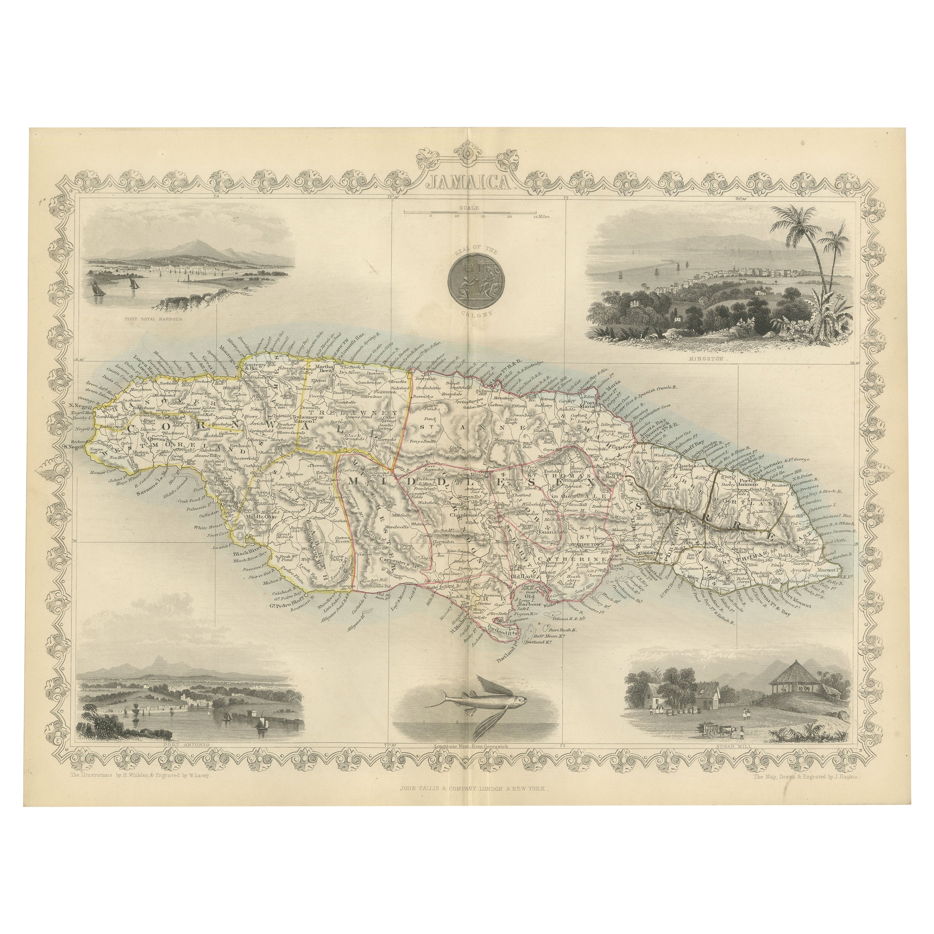 Ornamente und historische Tallis-Karte von Jamaika mit dekorativen Vignetten, 1851 im Angebot