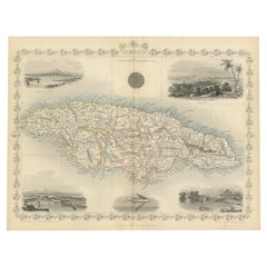 An Ornate and Historical Tallis Map of Jamaica with Decorative Vignettes, 1851