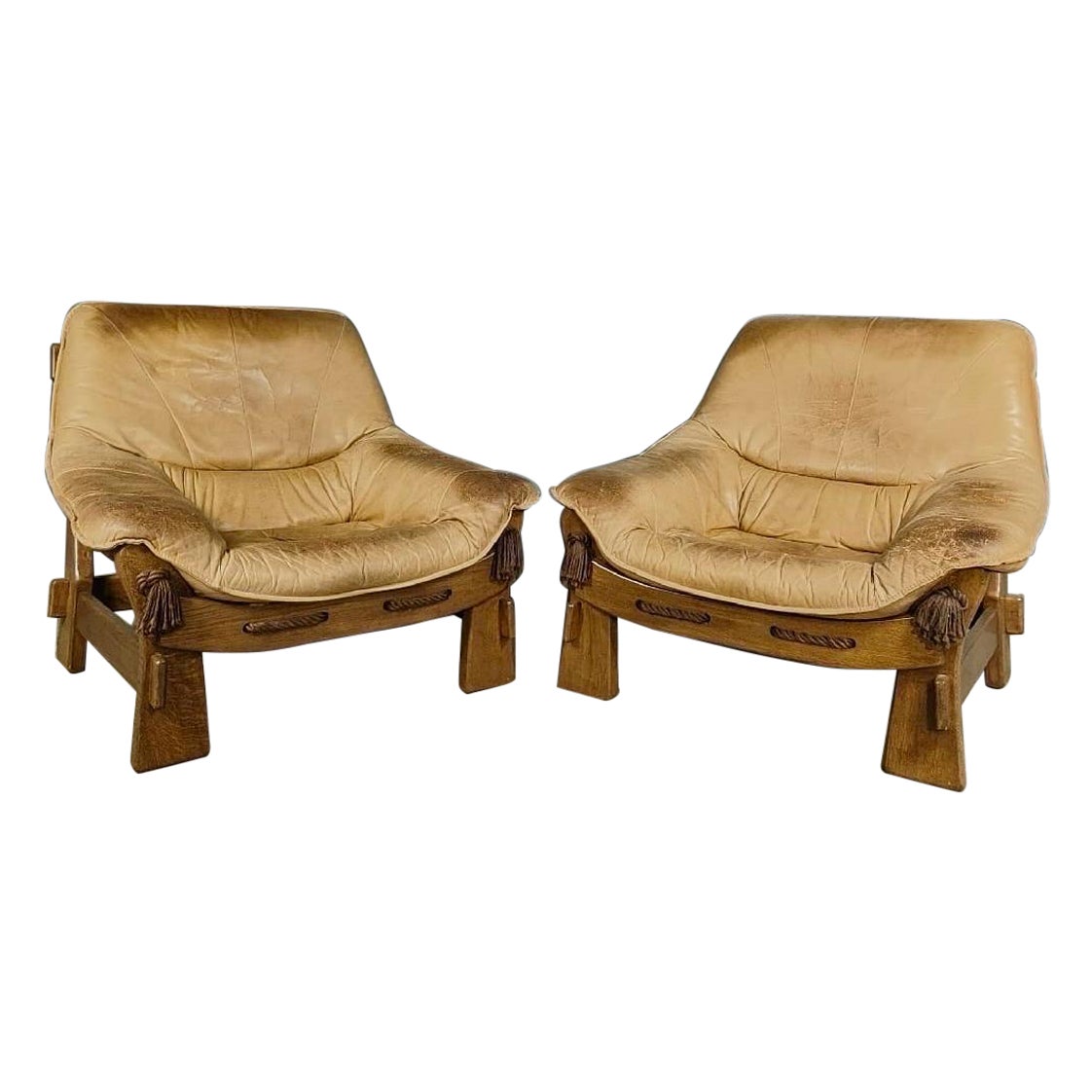 1970s Percival Lafer Style Pair Of Armchairs In Cream Leather & Hardwood Frame