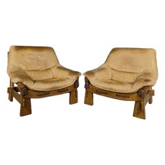 1970er Jahre Percival Lafer Stil Paar Sessel in Creme Leder & Hartholz Rahmen