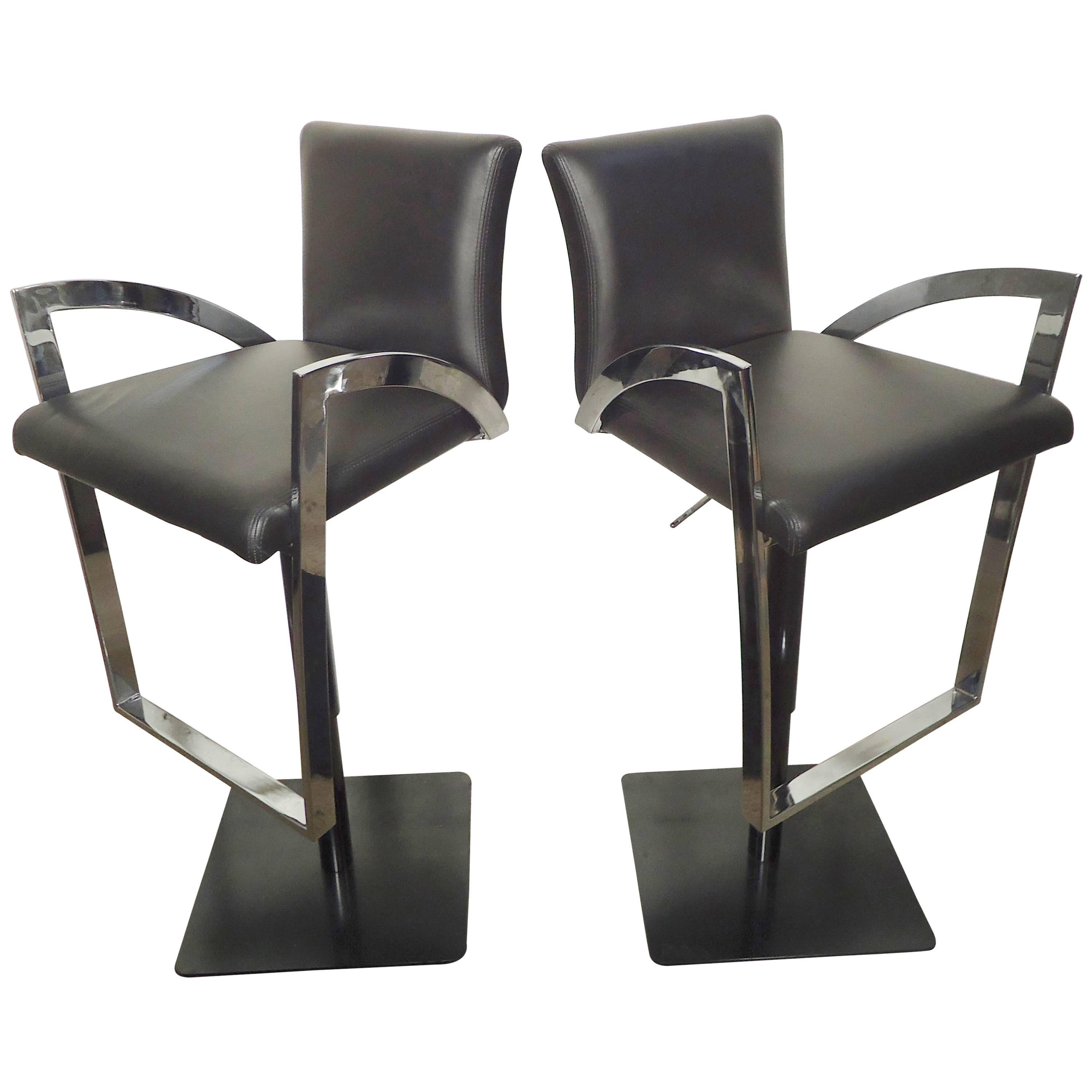 Pair of Mid-Century Modern Style Chrome and Leather Stools