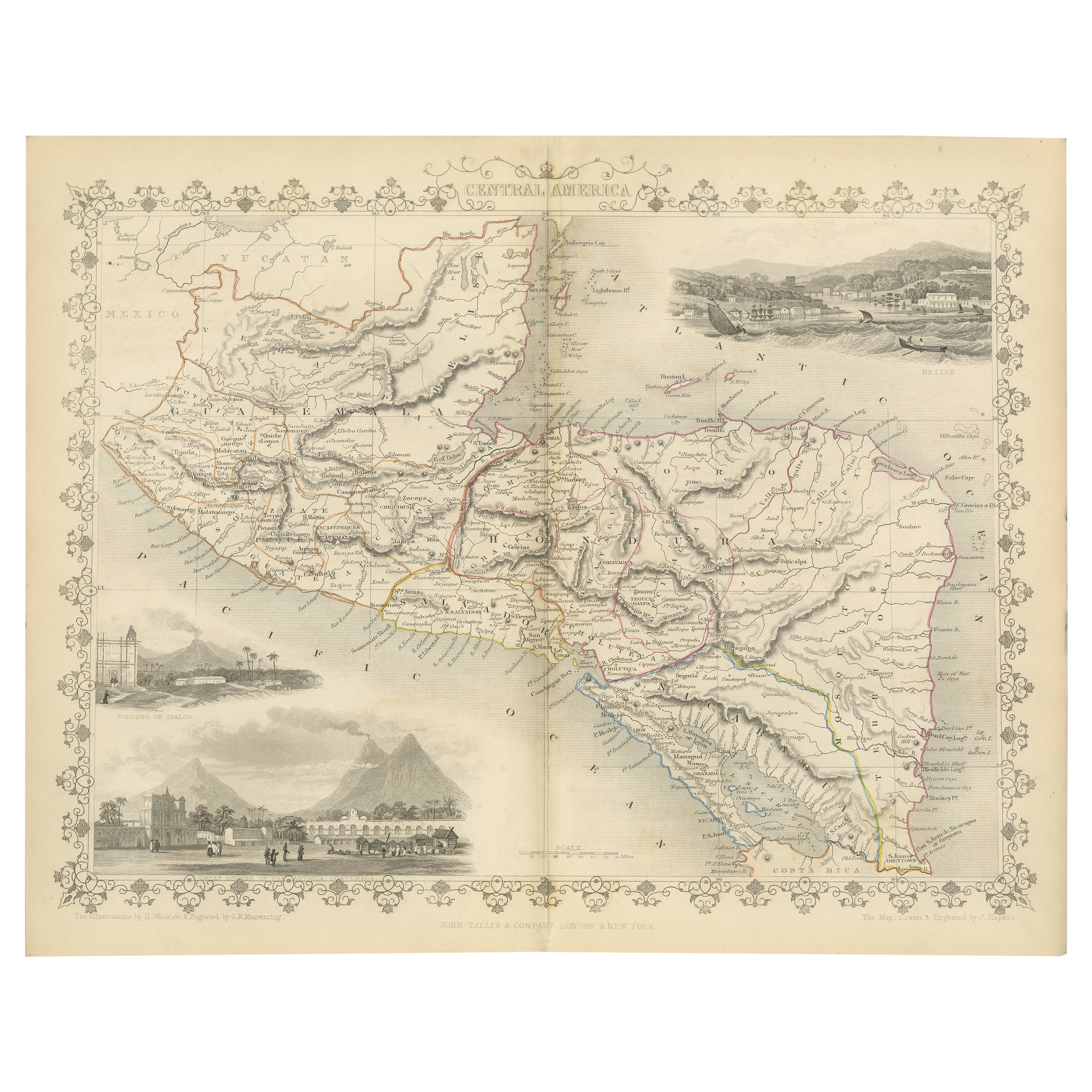 An Old Illustrated Tallis Map of Central America with Volcanic Vignettes, 1851 For Sale