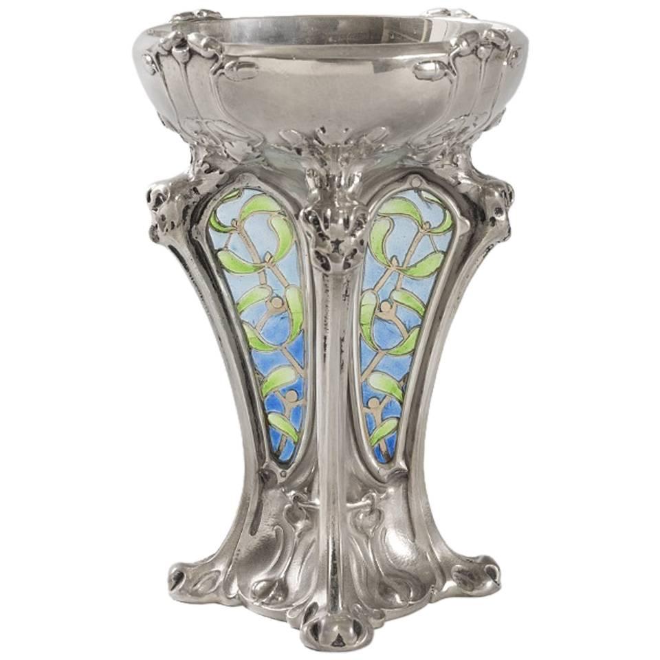 French Art Nouveau Plique-à-Jour Enamel and Silver Vase by Descomps