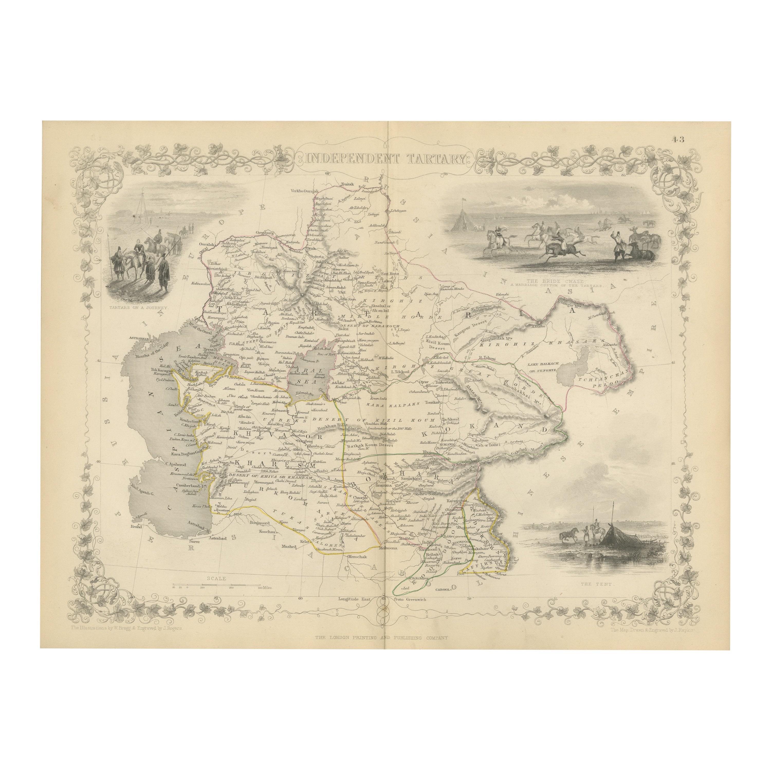 Map of Independent Tartary with Vignettes of the Region's Culture, 1851 For Sale