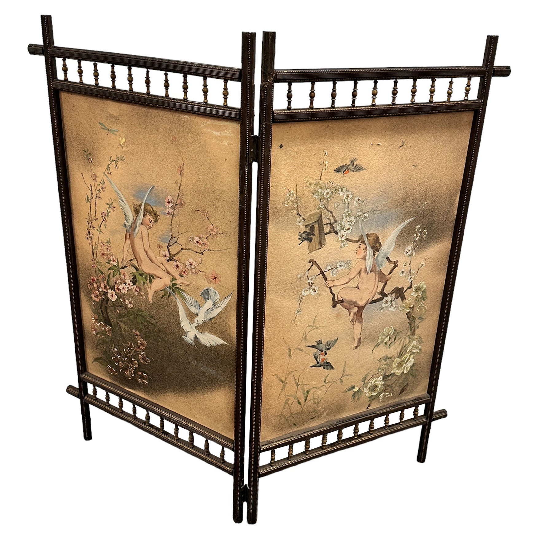 Antique Two Panel Screen Hand Painted on Fabric and Wood, Early 1900s For Sale