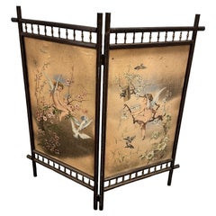 Antique Two Panel Screen Hand Painted on Fabric and Wood, Early 1900s