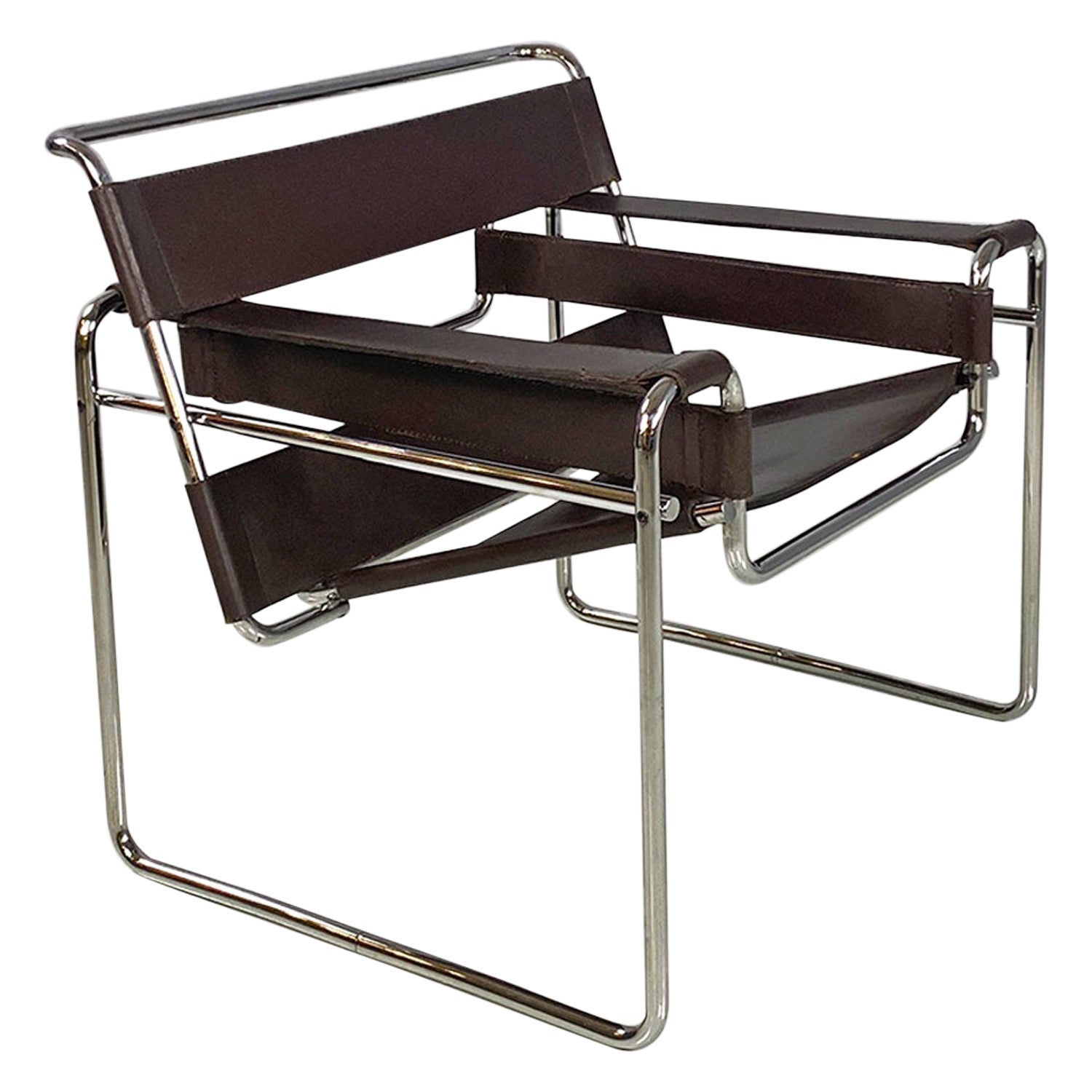 Italian modern brown leather Wassily armchair by Marcel Breuer for Gavina, 1970s For Sale