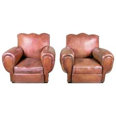 Vintage Pair of French Art Deco Moustache Back Club Chairs in Original Leather