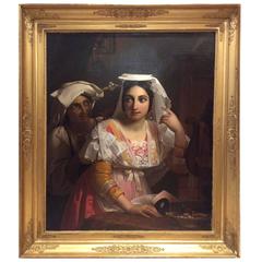 Antique Portrait of a Young Roman Lady with Her Servant, Signed Jan Baptist Lodewijk