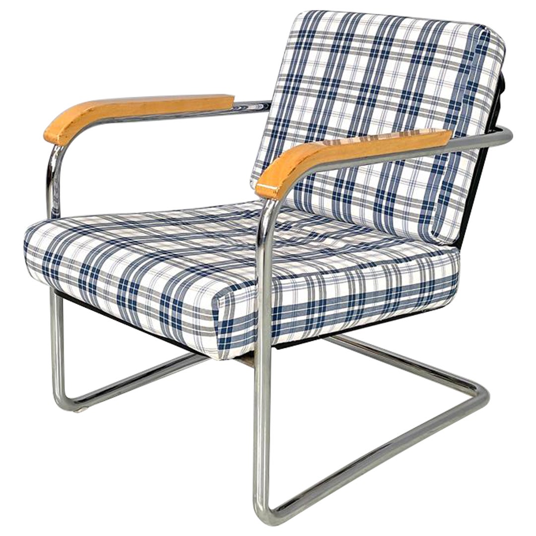 Swiss blue tartan and white armchair 1435 by Werner Max Moser for Embru, 2000s For Sale