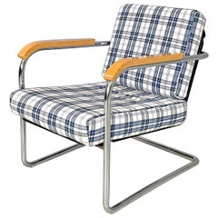 Fauteuil suisse 1435 en tartan bleu et blanc par Werner Max Moser pour Embru, années 2000