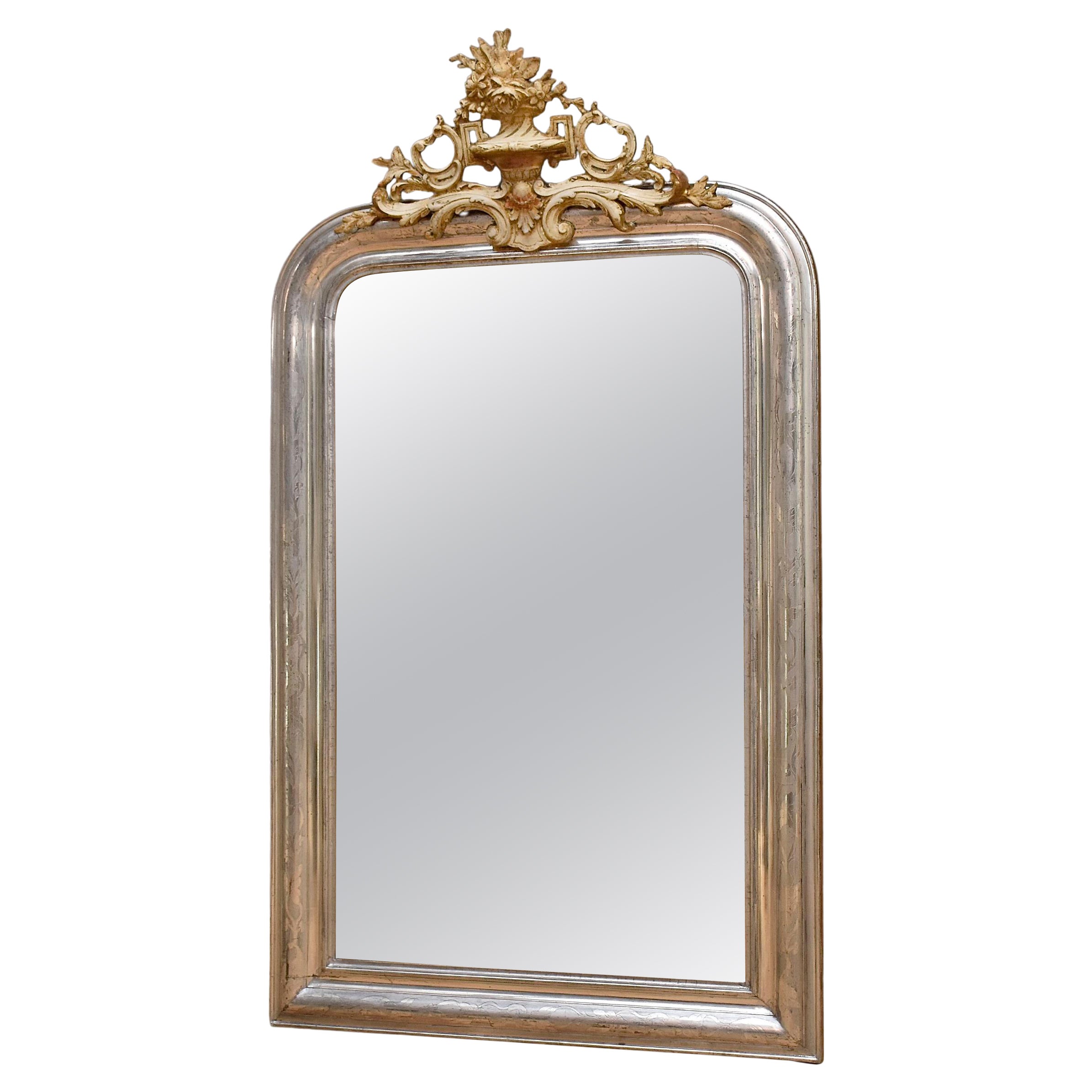 19th century silver leaf French mirror Louis Philippe with a crown For Sale
