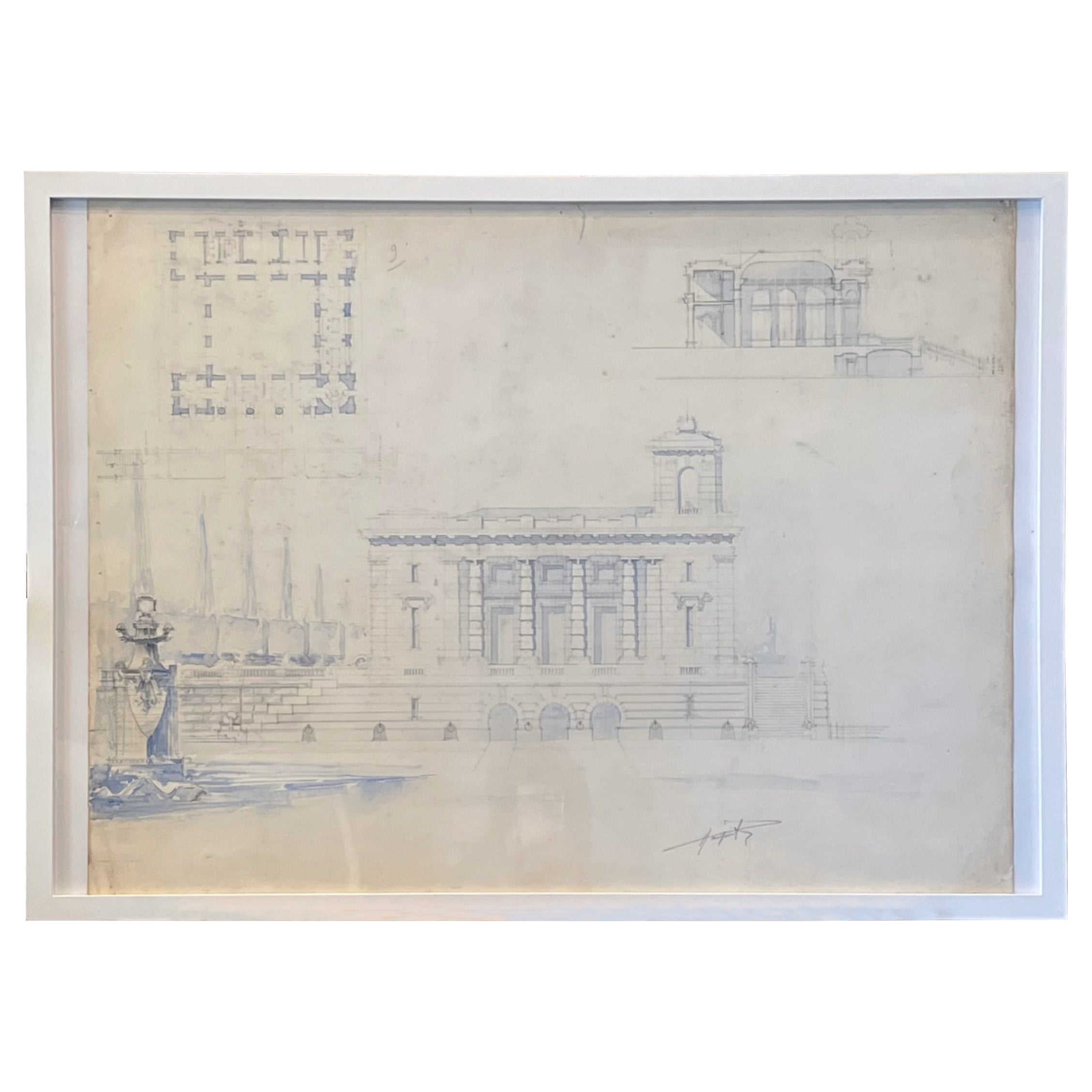 Architect's Sketch - Framed - France - 19th Century For Sale