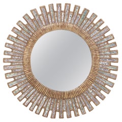 Blue ripple glass and resin geometric form mirror in the manner of Line Vautrin