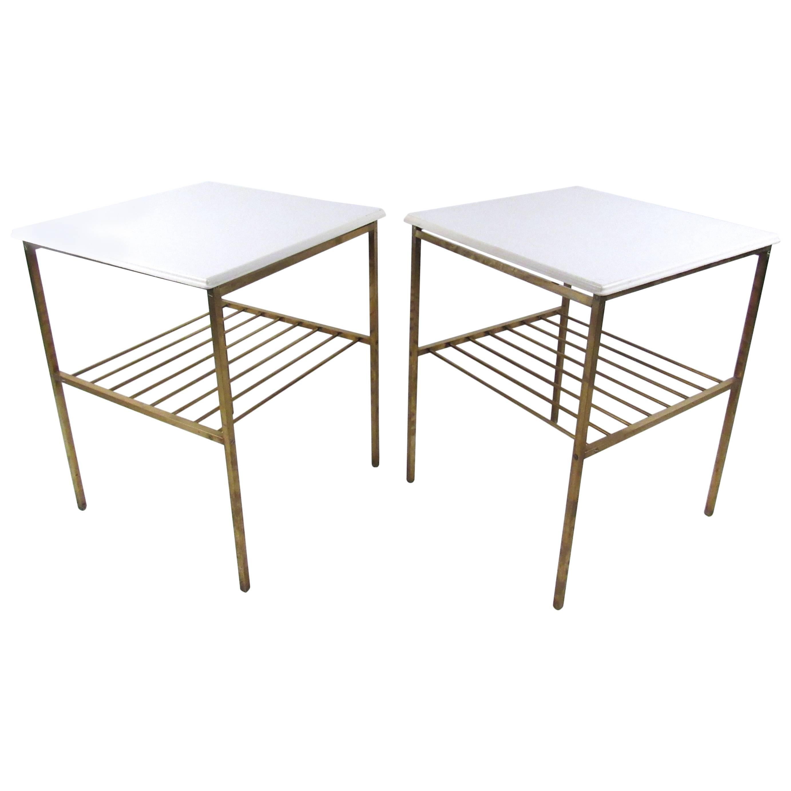Pair Harvey Probber Style Brass and Marble End Tables
