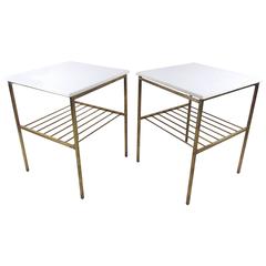 Pair Harvey Probber Style Brass and Marble End Tables