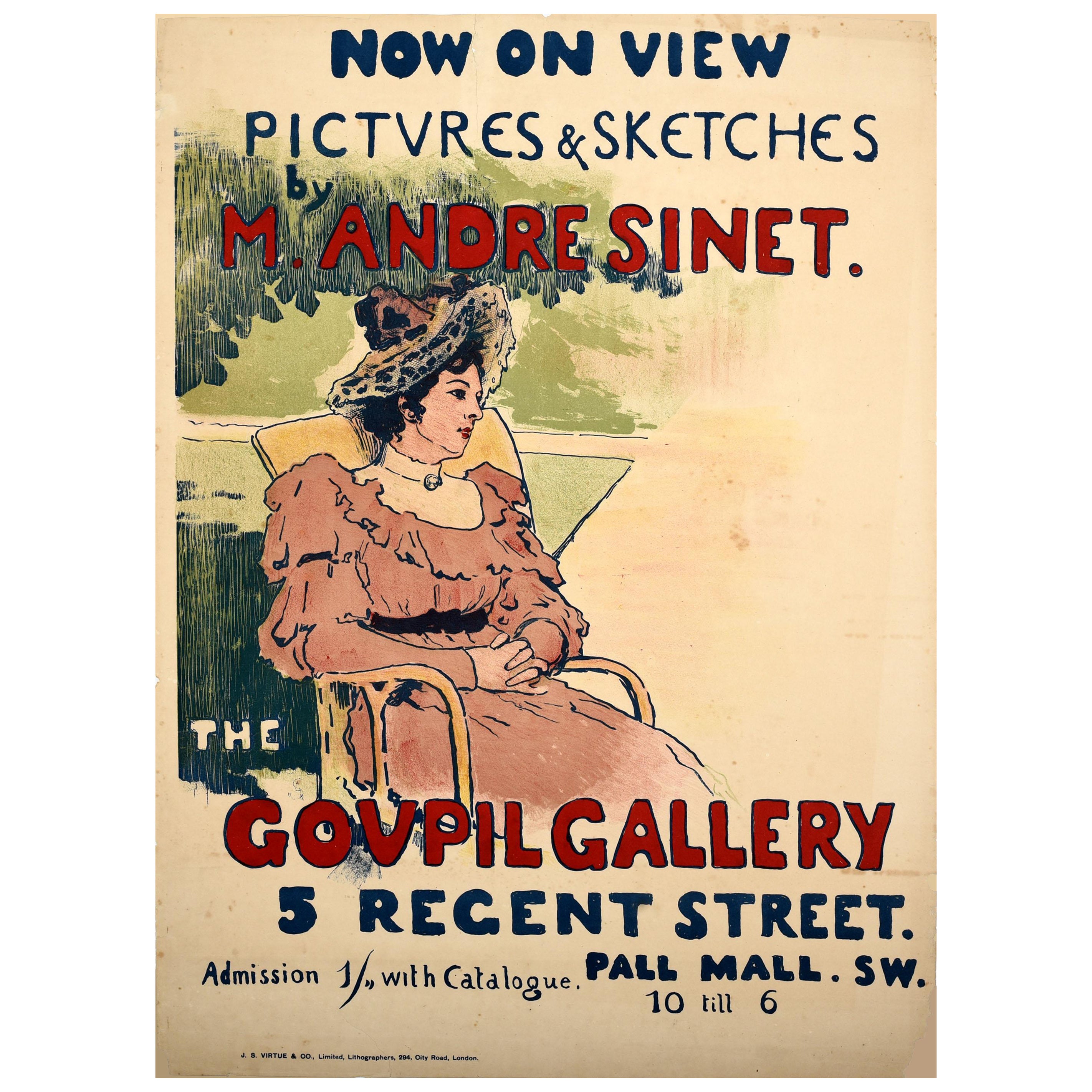 Original Antique Art Exhibition Poster Goupil Gallery Andre Sinet France Sketch For Sale