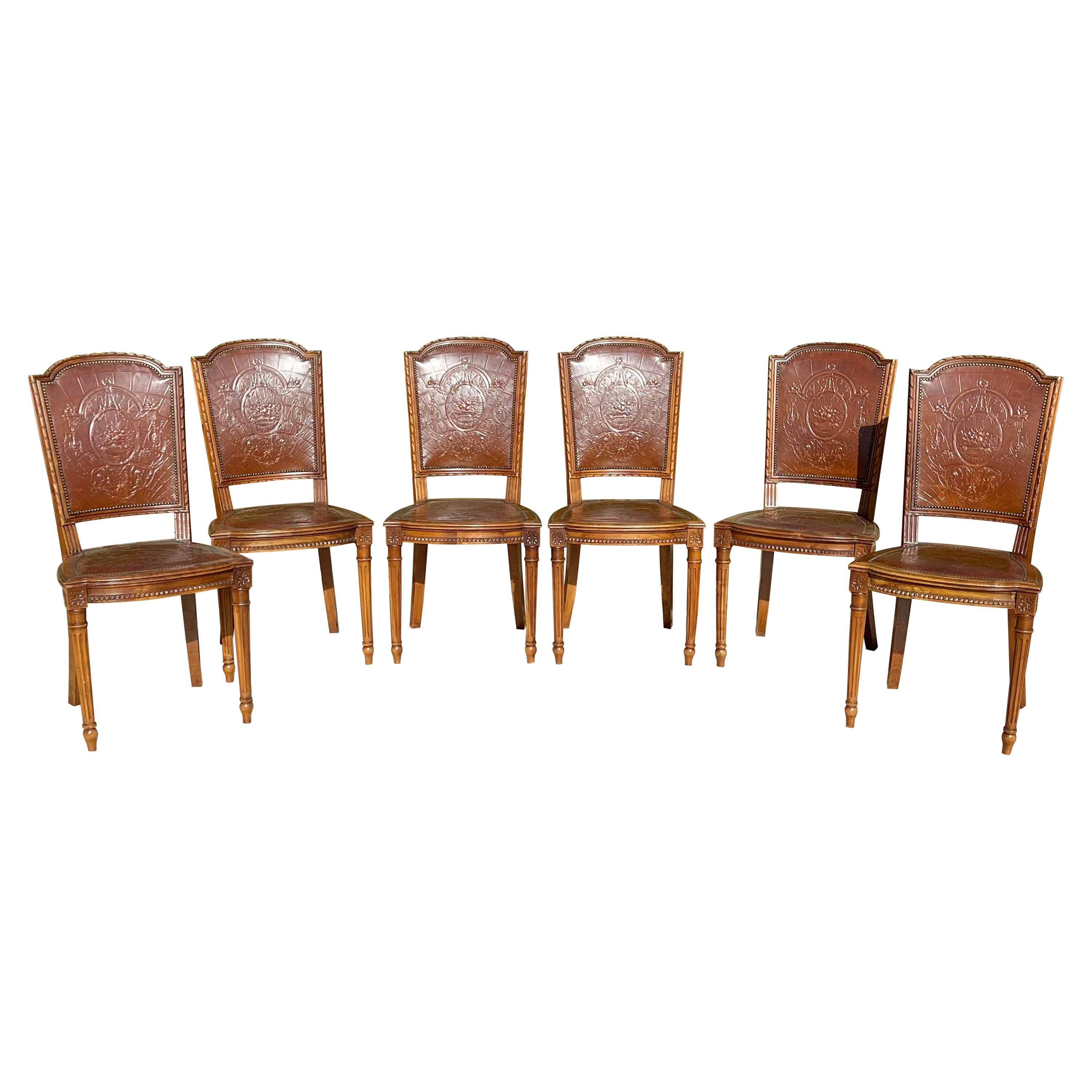 Suite of 6 Louis XVI Style Walnut and Cordoba Leather Chairs For Sale