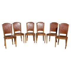 Antique Suite of 6 Louis XVI Style Walnut and Cordoba Leather Chairs