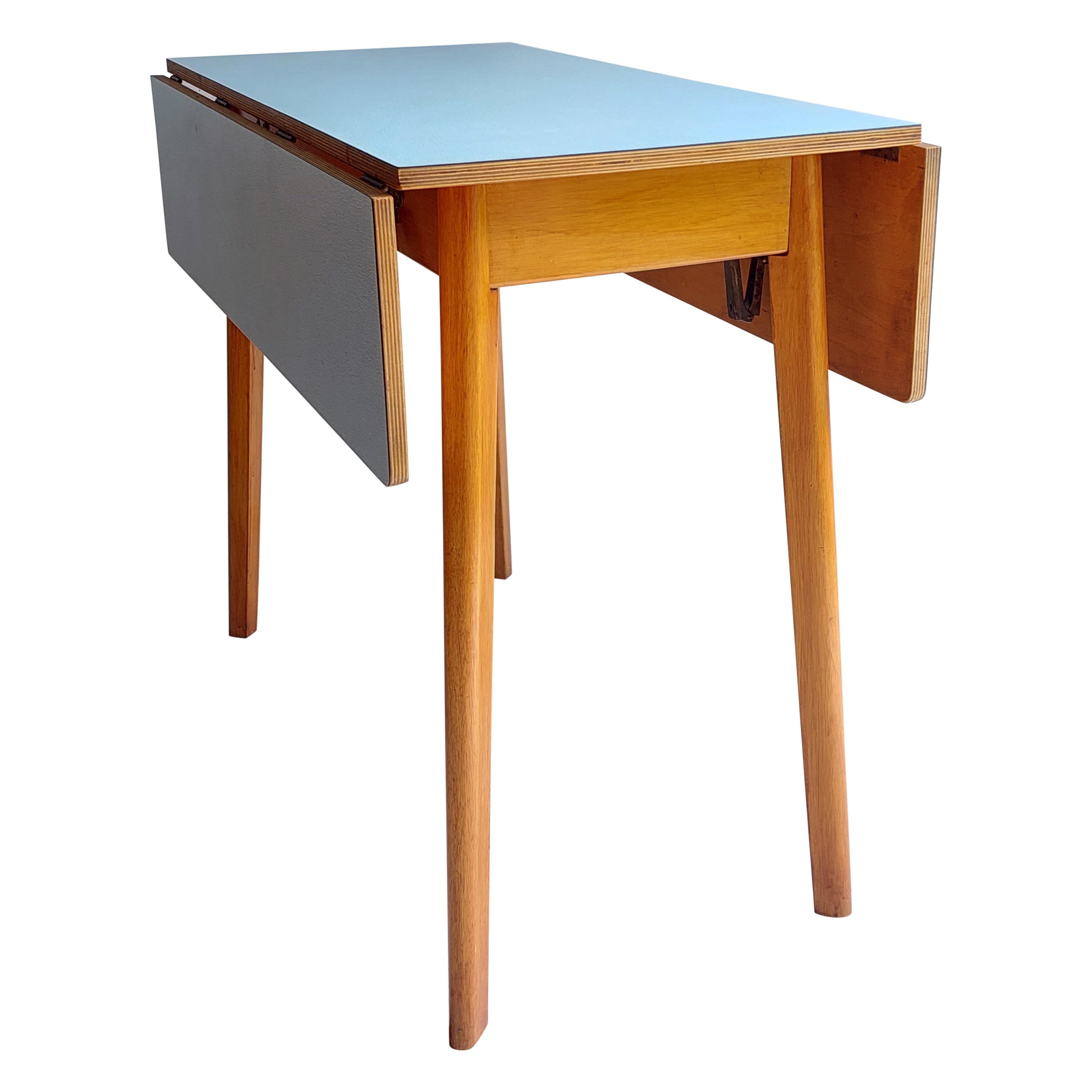 Mid Century Blue Formica Drop Leaf Kitchen Dining Table With Wooden Legs 60s For Sale