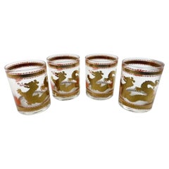 Retro Set of Four Hard to Find Cera Glassware "Golden Dragon" Large Rocks Glasses