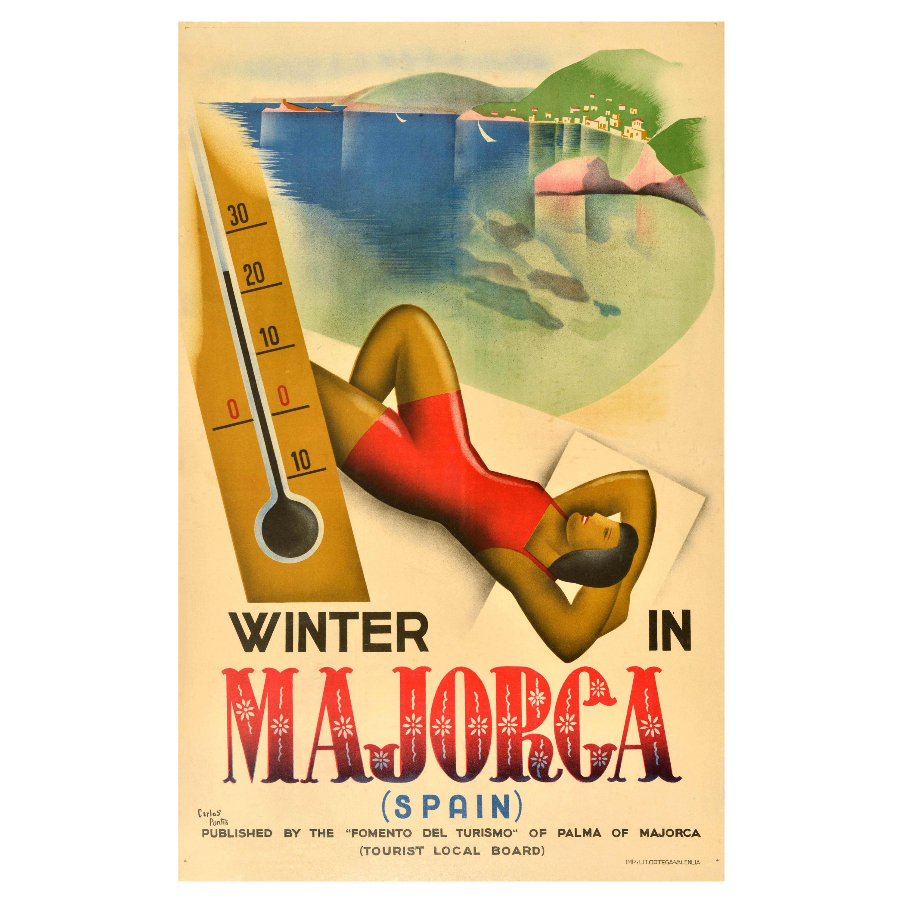 Affiche de voyage originale d'hiver en Majorca, Espagne Carlos Puntis, Art déco en vente
