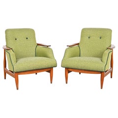 Retro Finn Juhl Danish Modern Upholstered Teak Lounge Chairs, Pair