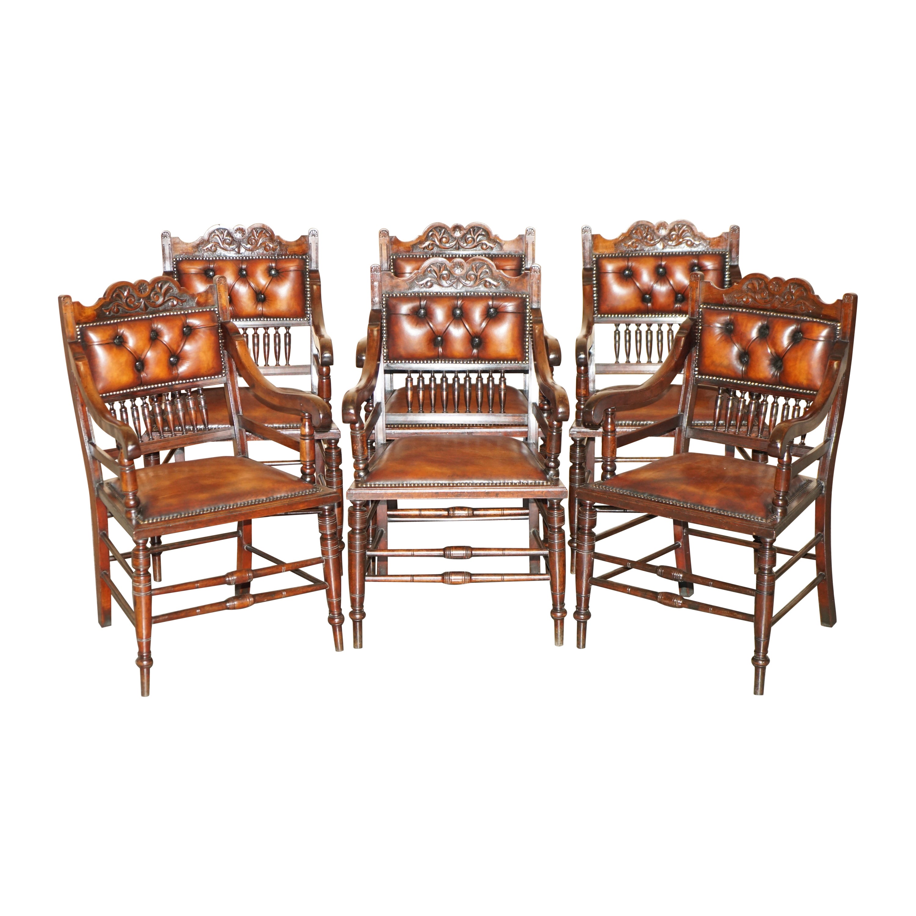 SUITE OF SIX FULLY RESTORED BROWN LEATHER ANTIQUE CHESTERFIELD DINING ARMCHAIRs For Sale