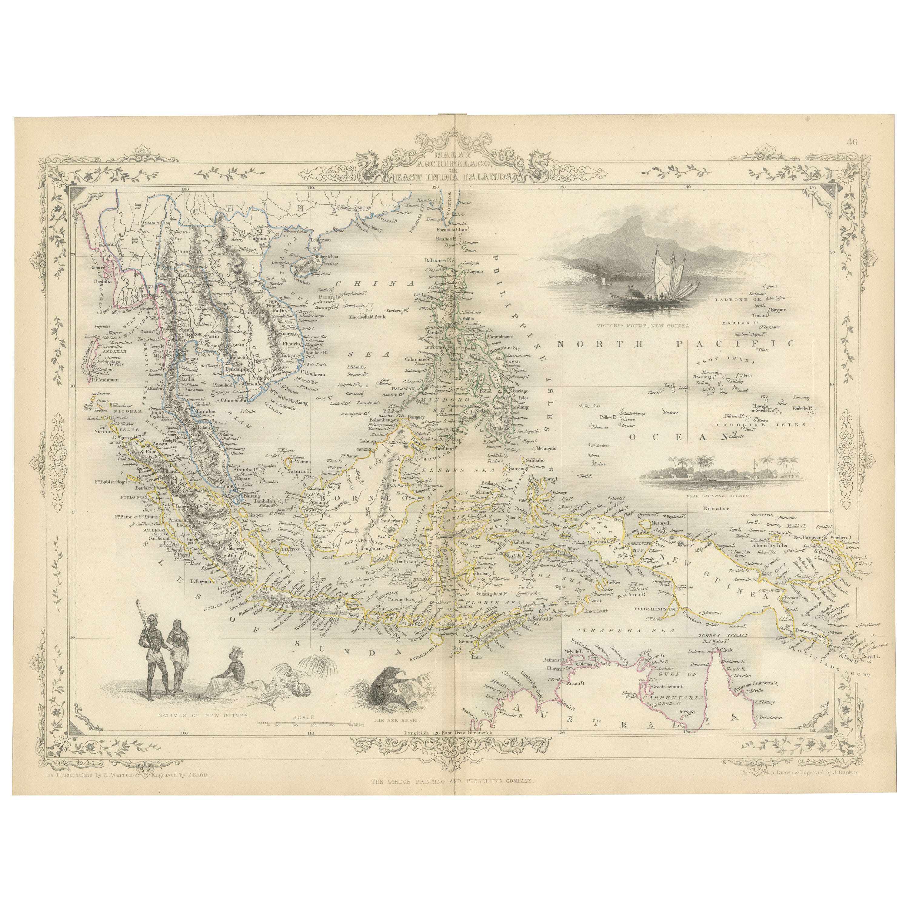Antique Map of the Malay Archipelago with Images of Indigenous People, 1851 For Sale