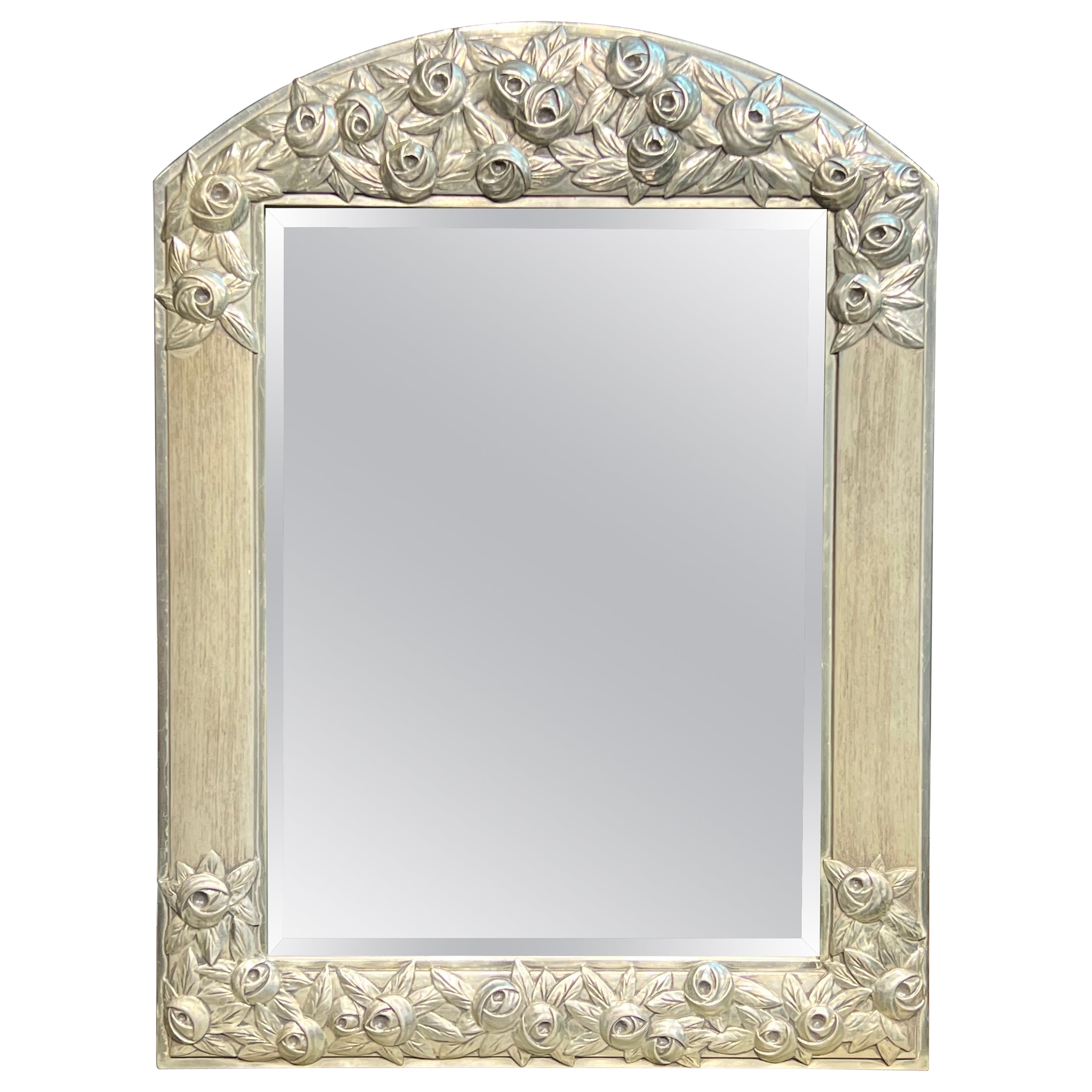 20th Century French Art Deco Hand Carved Wooden Mirror in Silver Finished Frame For Sale