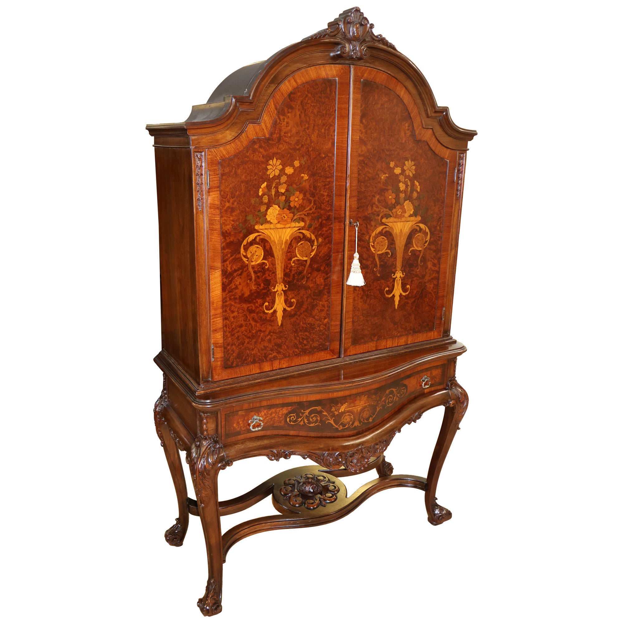 Rockford Burled Walnut & Satinwood Inlaid Louis XV Style Liquor China Cabinet  For Sale