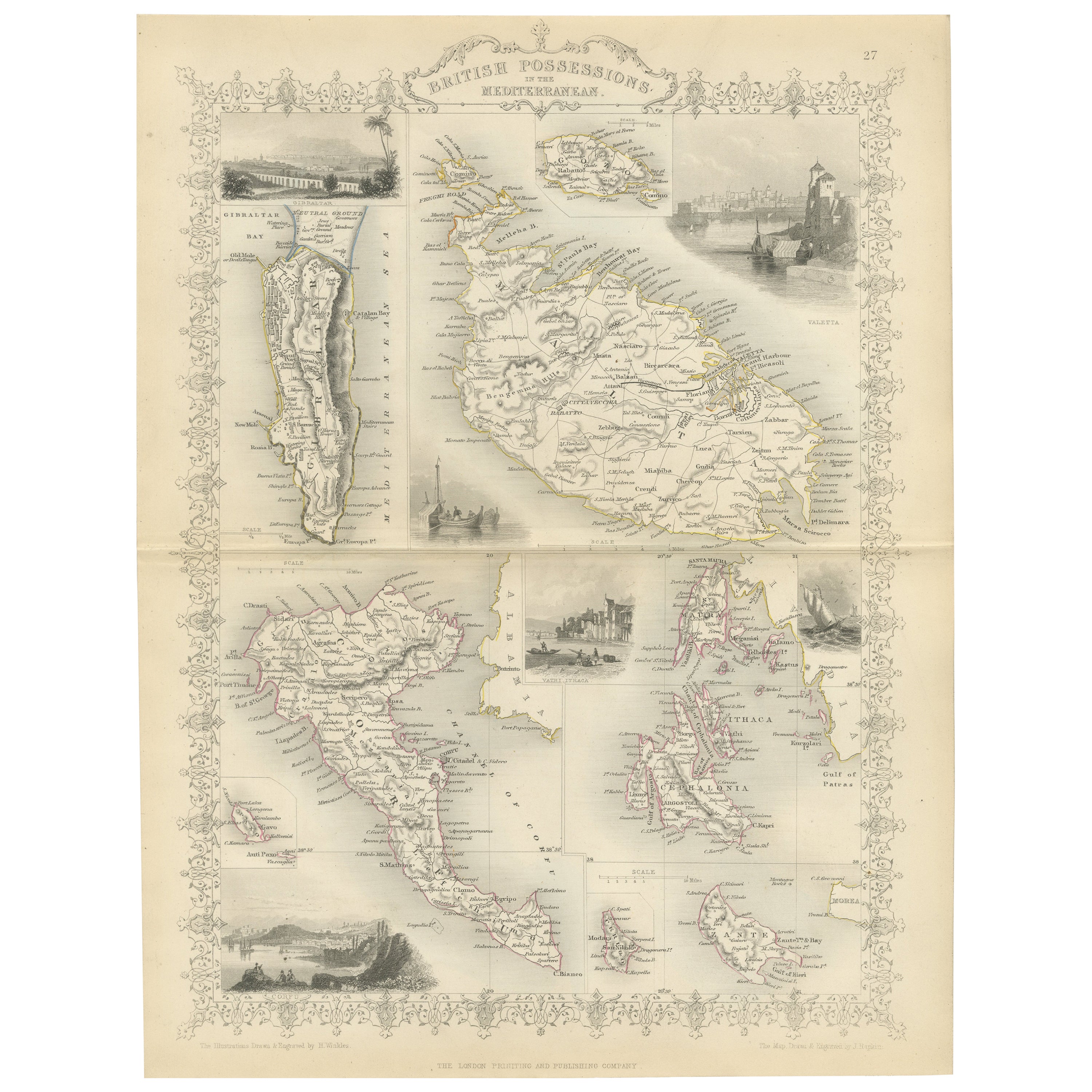 Old Map of British Mediterranean Territories with Images of Historic Sites, 1851 For Sale