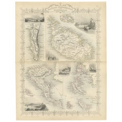 Used Old Map of British Mediterranean Territories with Images of Historic Sites, 1851