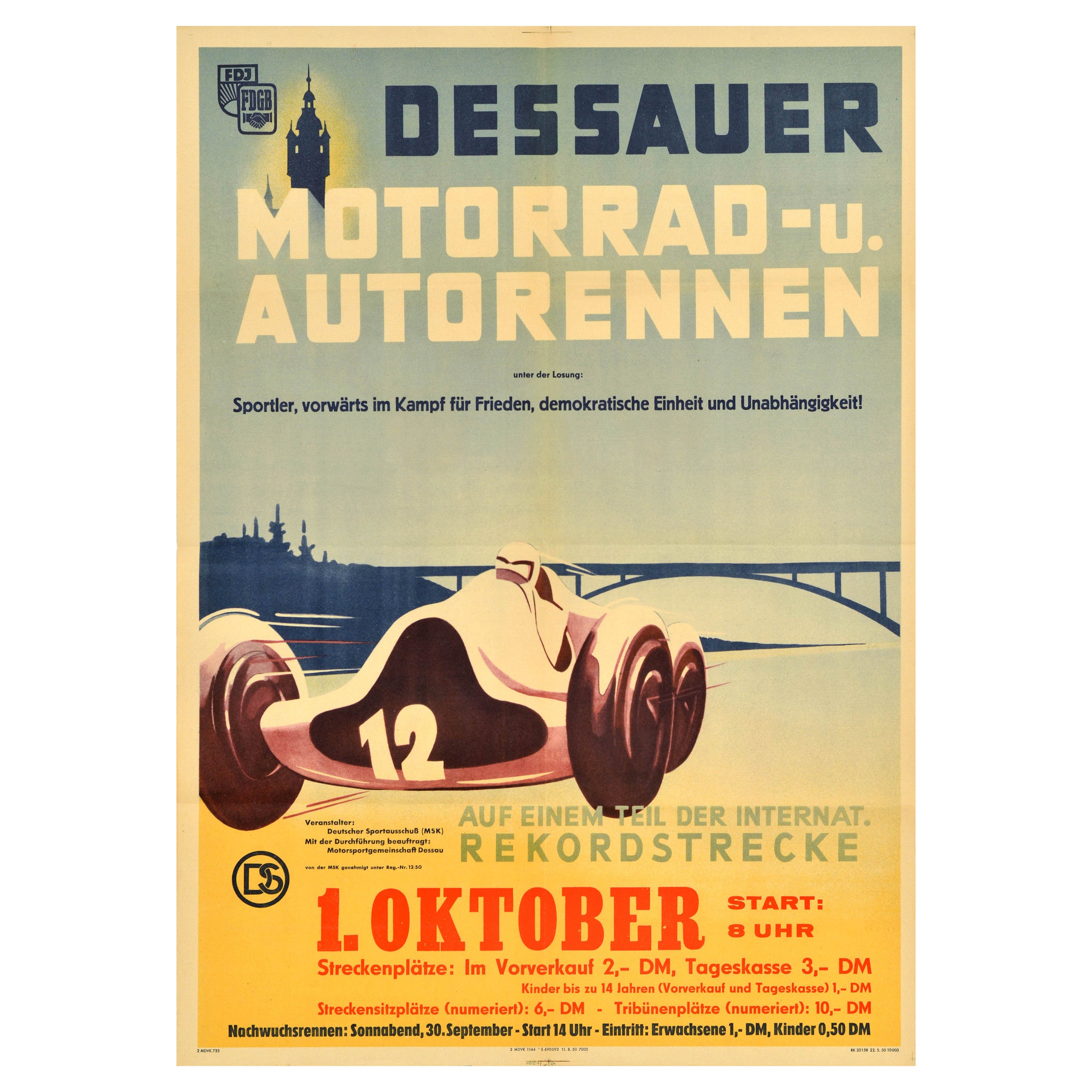 Original Vintage Motorsport Poster Dessau Motorcycle Car Race Germany Midcentury For Sale