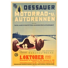 Original Antique Motorsport Poster Dessau Motorcycle Car Race Germany Midcentury